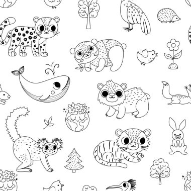 Vector black and white endangered species seamless pattern. Cute extinct animals repeat background. Funny digital paper or coloring page for kids with leopard, whale, polar bear, pand