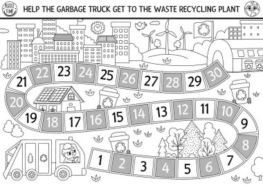 Ecological black and white dice board game for children with garbage truck going to waste recycling plant. Earth day line boardgame.  Nature protection printable coloring pag