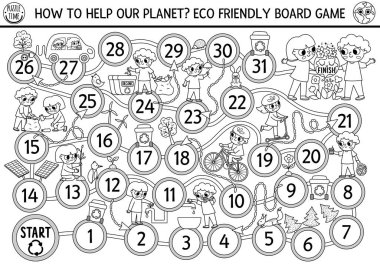 Ecological black and white dice board game for children with kids caring of environment. Earth day line boardgame.  Waste recycling printable activity or worksheet. Eco awareness coloring pag