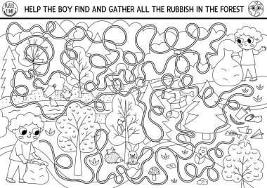 Ecological black and white maze for children with kid gathering garbage in forest. Earth day preschool activity. Eco awareness labyrinth game, puzzle. Nature protection printable coloring pag