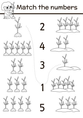 Match the numbers ecological black and white game with girl planting trees. Earth day or garden math activity for preschool kids. Eco awareness educational counting coloring pag
