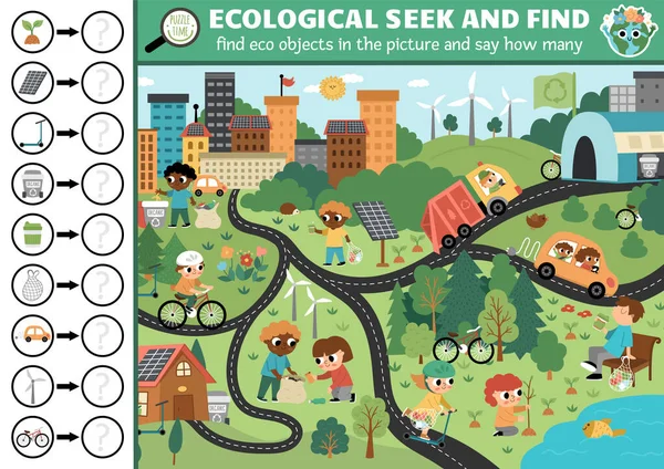 Διάνυσμα Οικολογική Αναζήτηση Παιχνίδι Οικολογικό Τοπίο Της Πόλης Spot Κρυμμένα — Διανυσματικό Αρχείο