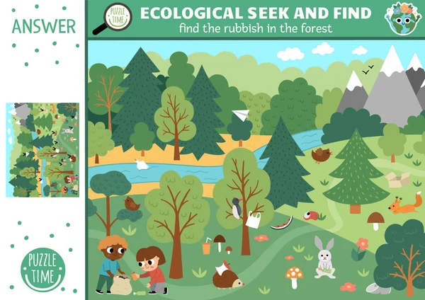 Векторна Сторінка Екологічного Пошуку Лісовим Ландшафтом Сміттям Помітити Прихований Сміття — стоковий вектор