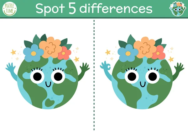 Find Differences Game Children Ecological Educational Activity Cute Planet Earth — Vetor de Stock