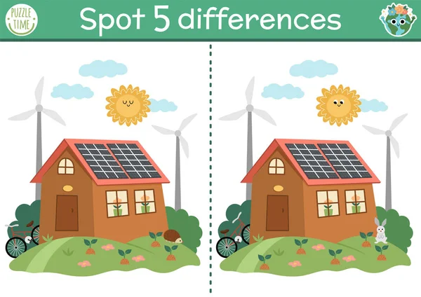 Find Differences Game Children Ecological Educational Activity Cute House Solar —  Vetores de Stock