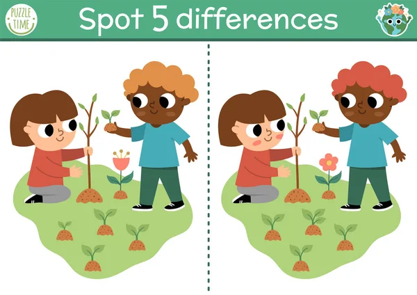 Find Differences Game Ecological Educational Activity Cute Children Planting Trees — Stock Vector