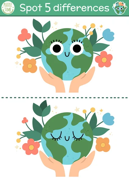 Find Differences Game Children Ecological Educational Activity Cute Planet Hands — Stock Vector