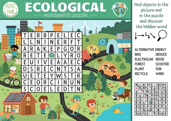 Vector Ecological Wordsearch Puzzle Kids Earth Day Word Search Quiz —  Vetores de Stock