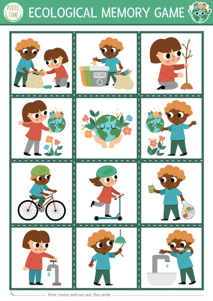 Διάνυσμα Οικολογική Κάρτες Παιχνιδιών Μνήμης Χαριτωμένα Παιδιά Φροντίδα Του Περιβάλλοντος — Διανυσματικό Αρχείο
