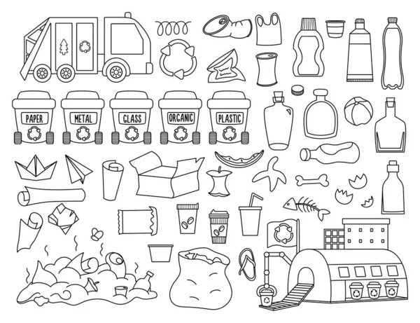 Waste Recycling Sorting Black White Collection Vector Ecological Line Set —  Vetores de Stock