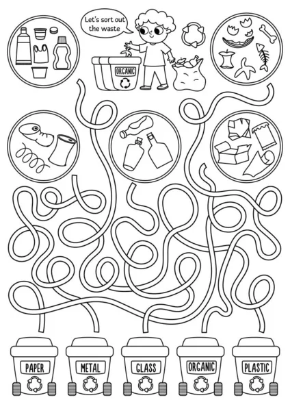 Ecological Black White Maze Children Kid Sorting Out Rubbish Earth — Stockvector