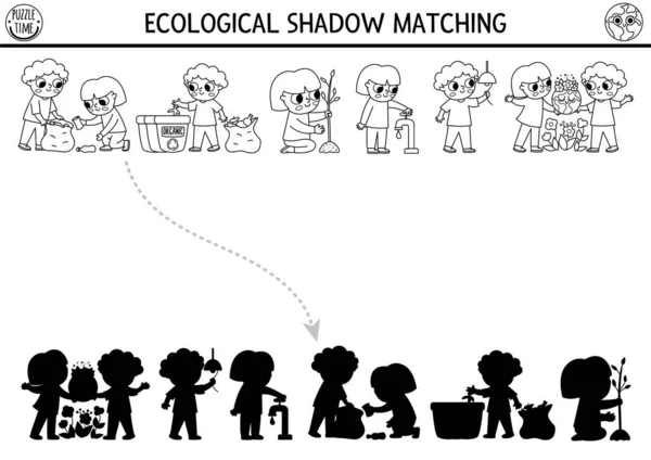 Ecological Black White Shadow Matching Activity Kids Caring Environment Earth —  Vetores de Stock