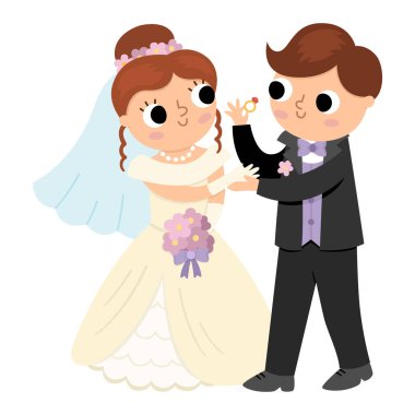 Vector illustration with bride and groom exchanging rings. Cute just married couple. Wedding ceremony icon. Cartoon marriage traditional scene with newly married couple, husband and wif