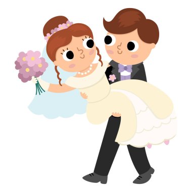 Vector illustration with groom carrying bride on his hands. Cute just married couple. Wedding ceremony icon. Cartoon marriage scene with newly married coupl