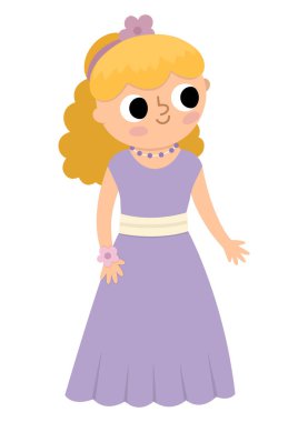 Vector bridesmaid illustration. Cute blond girl in purple dress with flower in hair. Wedding ceremony icon. Cartoon marriage guest. Elegant woman picture. Cute lady in smart outfi