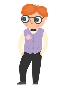 Vector bridegroom illustration. Cute red hair boy in glasses and purple vest with flower. Wedding ceremony icon. Cartoon marriage guest. Elegant man picture. Cute gentleman in smart sui