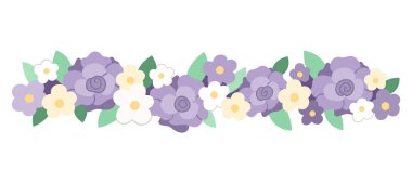 Vector floral horizontal decorative element. Flat illustration with rose flowers, leaves, branches. Beautiful spring, summer or wedding bouquet isolated on white backgroun