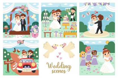 Vector wedding scenes set. Cute just married couple. Marriage ceremony landscapes with bride and groom. Husband, wife cutting cake, dancing first dance, going to honeymoon, throwing bouque