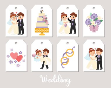 Cute wedding price tag cards set with just married couple, bride, groom, bridesmaids, cake. Vector marriage ceremony print templates. Matrimonial design for tags, ads, party decoratio