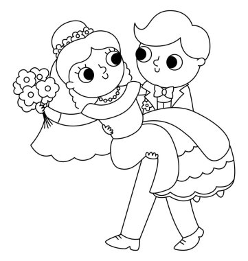 Vector black and white illustration with groom carrying bride on his hands. Cute just married couple. Wedding ceremony line icon. Cartoon marriage coloring page with newly married coupl