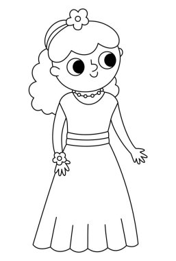 Vector black and white bridesmaid illustration. Cute line girl in dress with flower in hair. Wedding ceremony icon. Cartoon marriage guest. Elegant woman coloring page. Cute lady in smart outfi