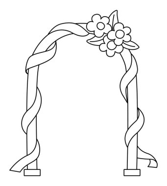 Vector black and white wedding arch with flowers and ribbon. Cute line marriage clipart element for bride and groom. Just married couple accessory. Cartoon ceremony illustration or coloring pag
