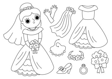 Vector black and white bride clothes set. Cute just married girl with dress, accessory. Wedding ceremony line icon pack. Newly married woman coloring page with veil, shoe, bouque