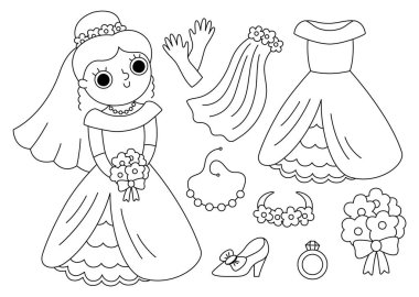 Vector black and white bride clothes set. Cute just married girl with dress, accessory. Wedding ceremony line icon pack. Newly married woman coloring page with veil, shoe, bouque clipart