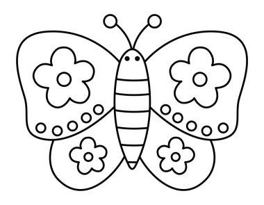 Vector black and white cute decorated butterfly with flowers. Cute line wedding insect. Funny animal clipart element or coloring pag