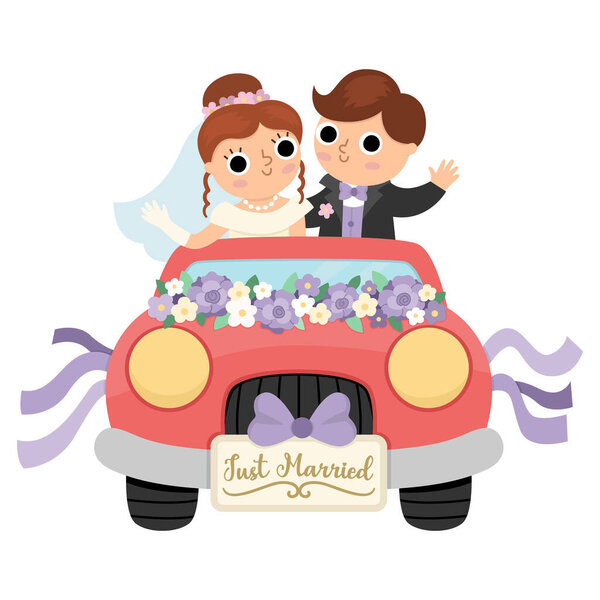 Vector illustration with bride and groom going to honeymoon. Cute just married couple. Wedding ceremony icon. Cartoon marriage scene with newly married couple and red decorated ca