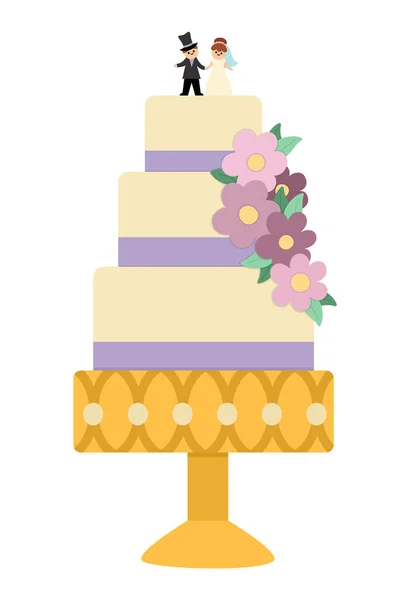 Vector wedding cake with flowers, purple ribbon, little bride and groom statuettes. Cute marriage clipart element. Just married couple dessert. Cartoon ceremony illustratio