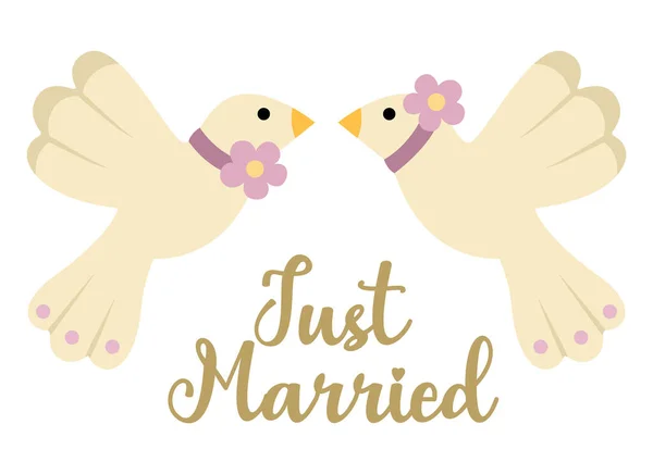 Vector Wedding Doves Flowers Just Married Inscription Cute Marriage Clipart — Wektor stockowy