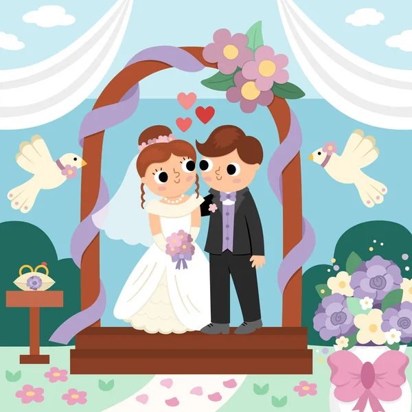 矢量婚礼场景与可爱的新婚夫妇 新郎新娘的婚礼景观 丈夫和妻子带着鸽子和鲜花站在船舱里 — 图库矢量图片