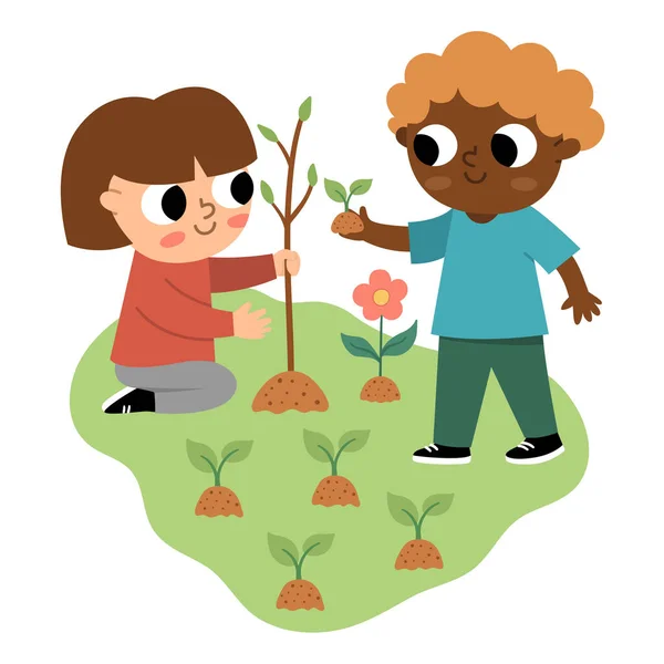 Girl Boy Seeding Plant Icon Cute Eco Friendly Kids Children — Wektor stockowy