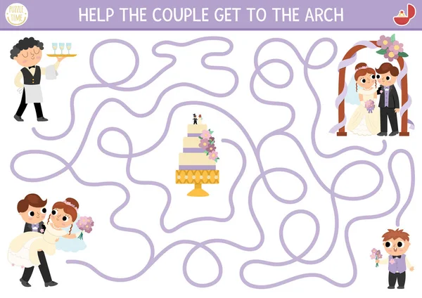 ケーキを持つ子供のための結婚式の迷路 結婚式の就学前の印刷可能な活動 ママの迷路ゲームパズル 助けてくださいちょうど結婚したカップルは円弧に取得 — ストックベクタ