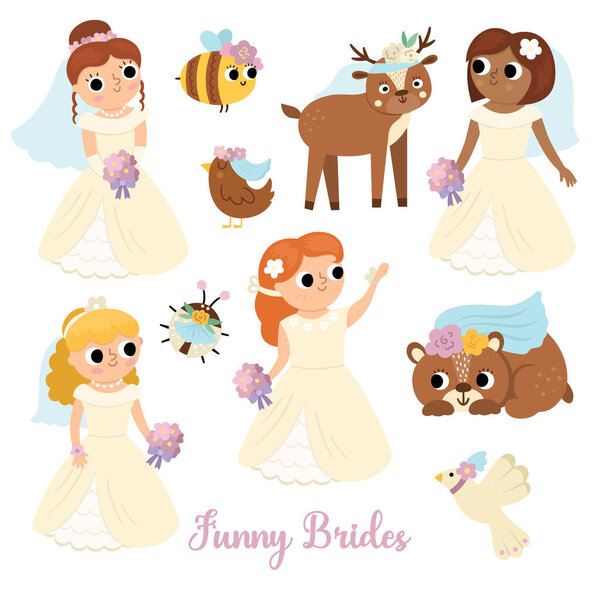 Vector brides set. Cute just married girls wearing white dresses, veils, accessory. Wedding ceremony icons. Cartoon marriage newly married woman, animals, birds. Cute lady collectio