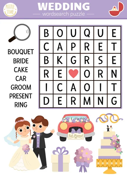 Vector Wedding Wordsearch Puzzle Kids Simple Word Search Quiz Marriage — Stockvector