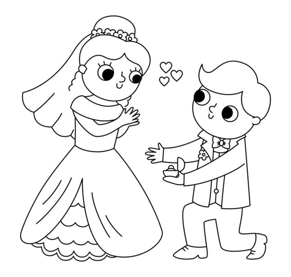 Vector black and white illustration with groom giving the ring to the bride. Just married couple. Wedding ceremony line icon. Cartoon marriage coloring page with newly married couple and proposa
