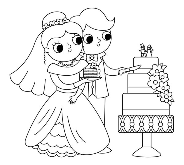 Vector black and white illustration with bride and groom. Cute just married couple. Wedding ceremony line icon. Cartoon marriage coloring page with newly married couple cutting cak