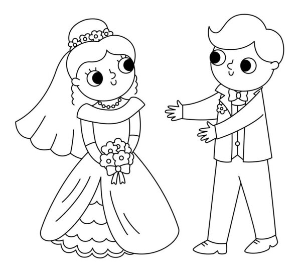 Vector black and white illustration with bride and groom. Cute just married couple. Wedding ceremony line icon. Cartoon marriage coloring page with newly married couple