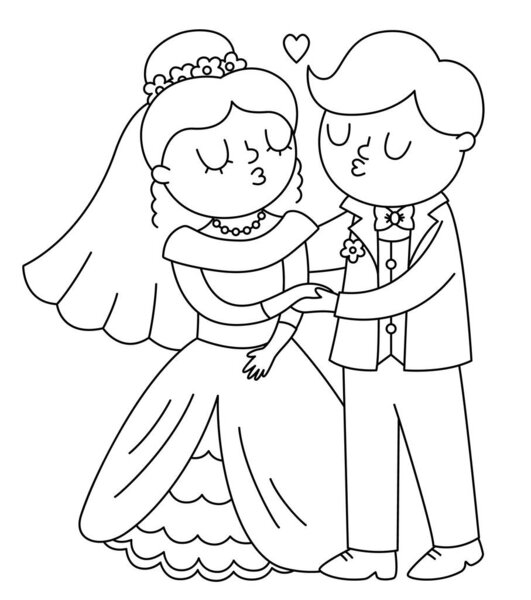 Vector black and white illustration with kissing bride and groom. Cute just married couple. Wedding ceremony line icon. Cartoon marriage coloring page with newly married couple, first kis