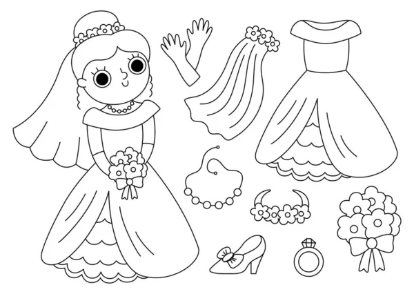 Vector Black White Bride Clothes Set Cute Just Married Girl — Vettoriale Stock