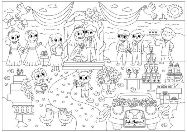 Vector Black White Wedding Scene Cute Line Marriage Ceremony Illustration — Stockový vektor
