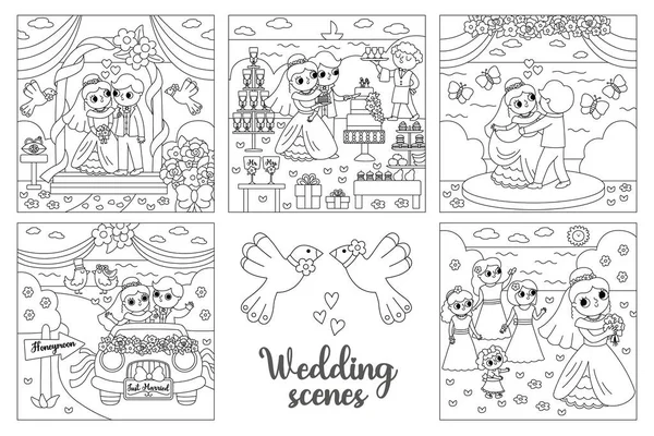 矢量黑白婚礼场景设定 漂亮的线刚刚结婚夫妇 结婚仪式为新郎新娘画了彩色的网页 妻子切蛋糕 — 图库矢量图片