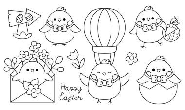 Vector black and white Easter chicks set for kids. Cute kawaii line chickens collection. Funny cartoon characters. Traditional spring holiday symbol illustration or coloring page with bir