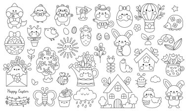 Vector black and white kawaii Easter clipart set for kids. Cute cartoon characters. Traditional line symbols collection with bunny, eggs, bird, chick, basket, flowers. Spring holiday coloring pag