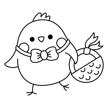 Vector black and white Easter chick icon for kids. Cute kawaii line chicken illustration or coloring page. Funny cartoon bird character. Traditional spring holiday symbol with basket going on egg hun