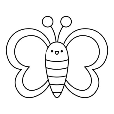 Vector black and white kawaii flying butterfly icon for kids. Cute line animal illustration or coloring page. Funny cartoon character. Adorable insect clipar