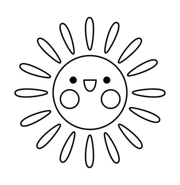 Vector black and white kawaii sun icon for kids. Cute line weather element symbol illustration or coloring page. Funny smiling cartoon character. Adorable planet clipart