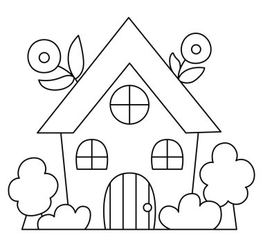 Vector black and white kawaii country house icon for kids. Cute line Easter symbol illustration or coloring page. Funny cartoon cottage with trees and flowers. Adorable spring garden clipar